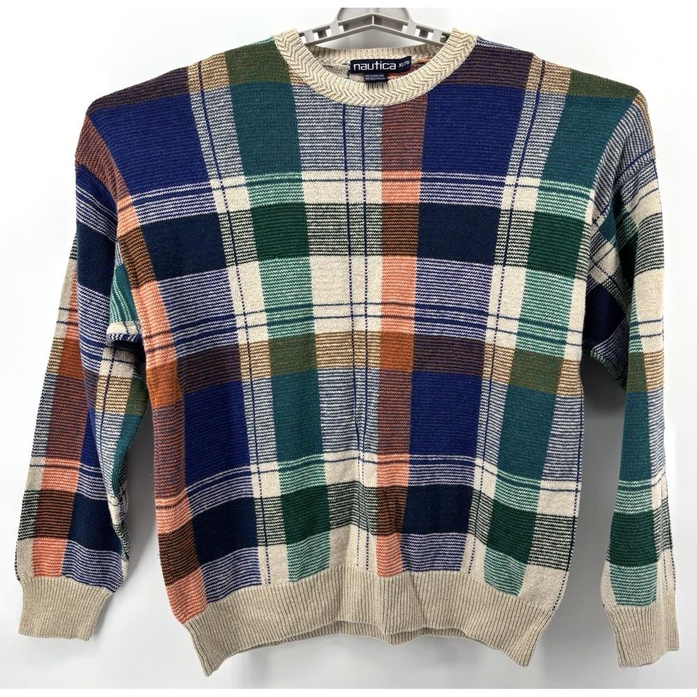 VTG Nautica Knit Colorblock Plaid LINEN BLEND Sweater Men XL (FIT L) Grandpa 90s